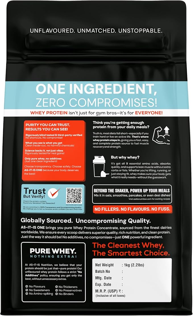 AS-IT-IS Nutrition Whey Protein Concentrate 80% - 1kg/35.2 Oz Cross-flow Microfiltered | Unflavoured | Tested for Purity | Non-gmo and Gluten-free No Preservatives
