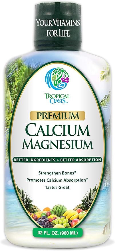 Tropical Oasis Liquid Calcium Magnesium - Natural Formula w/Support for Strong Bones - Liquid Vitamins w/Calcium Magnesium &amp Vitamin D - up to 96% Absorption by The Body. - 32oz 64 Serv.