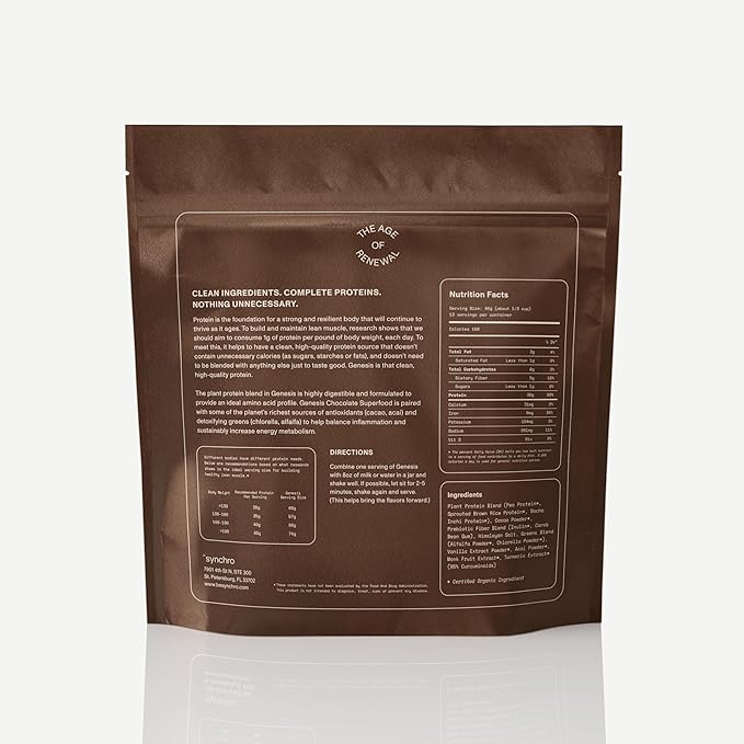 Synchro Genesis Plant Based Protein Powder | Chocolate Superfood | 30g of Organic Protein Per Serving | &lt1g Sugar | 1g Net Carbs | No Stevia | Superfoods + Prebiotics | Vegan + Keto Friendly