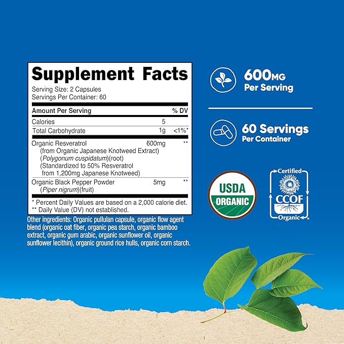 Nutricost Organic Resveratrol (600mg) 120 Capsules - USDA Organic CCOF Certified Vegan GMO-Free Gluten-Free 60 Servings