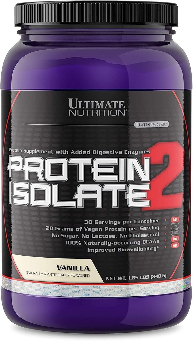 Ultimate Nutrition Vegan Plant Based Protein Isolate Powder - No Sugar and No Lactose - 20 Grams of Protein Per Serving with 100% Naturally Occurring BCAAs Vanilla 2 Pounds