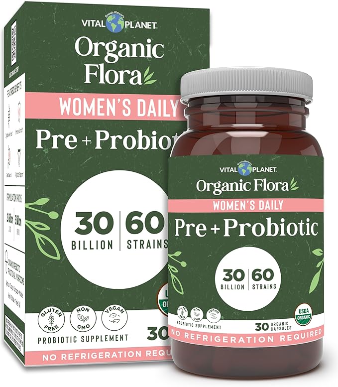 Vital Planet - Organic Flora Probiotics for Women Women's Daily Shelf Stable Probiotic 30 Billion CFU 60 Diverse Strains Prebiotic Organic Mushroom Blend Immune and Digestive Health 30 Capsules