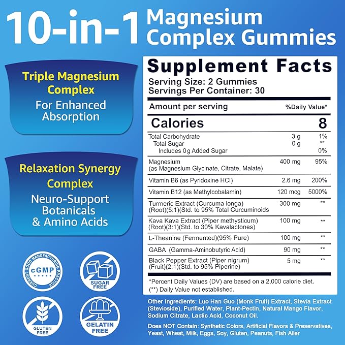 Magnesium Complex Gummies 400mg Magneisum Glycinate Citrate Malate + Turmeric GABA B6 B12 Kava Kava L-Theanine for Sleep Calm Relaxation Energy Magnesium Gummies for Women Men Vegan 60 Cts