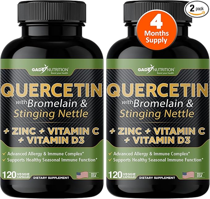 Quercetin with Vitamin C and Zinc - Nettle Quercetin - Quercetin 500mg - Quercetin with Bromelain - Zinc Quercetin + Vitamin D3 - 120 Veggie Caps - (Non-GMO Gluten-Free Vegan) - 4 Month Supply