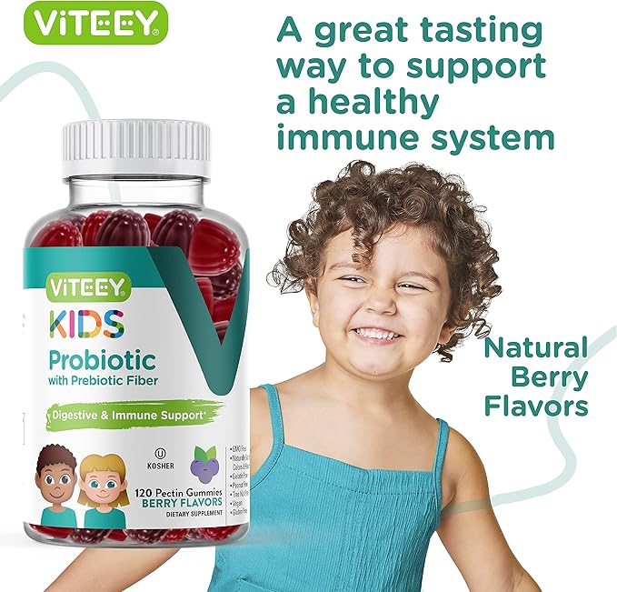 Viteey Probiotic Gummies for Kids Plus Prebiotics Fiber - 2 Billion CFUs - Digestive HealthGut Health Constipation Relief for Kids Support - Vegan Gelatin Free - Chewable Probiotic Berry Flavored