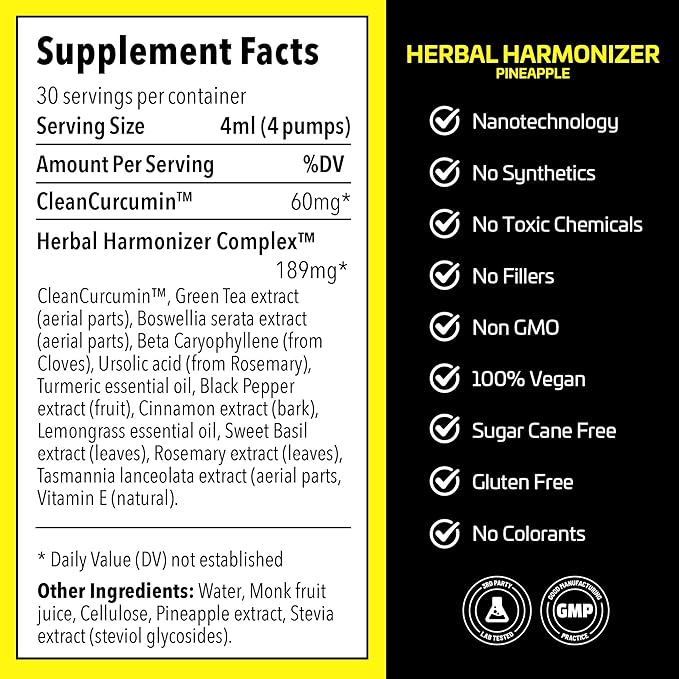 Herbal Harmonizer with CleanCurcumin(TM) - Multi Botanical Antioxidants Supplement - Water Soluble - Nano Curcumin - Holistic Wellness Defender - Healthy Drink Mix (4 fl.oz Pineapple)