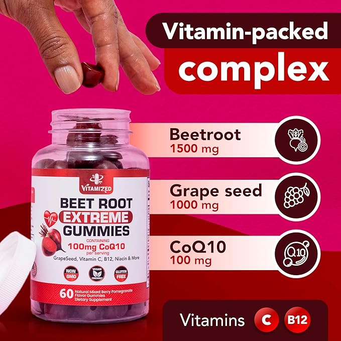 Extreme Beetroot Formula &amp COQ10 100mg with Grape Seed Extract for Circulation Energy &amp Flow Beet Root Gummies Extract Gluten Free 60