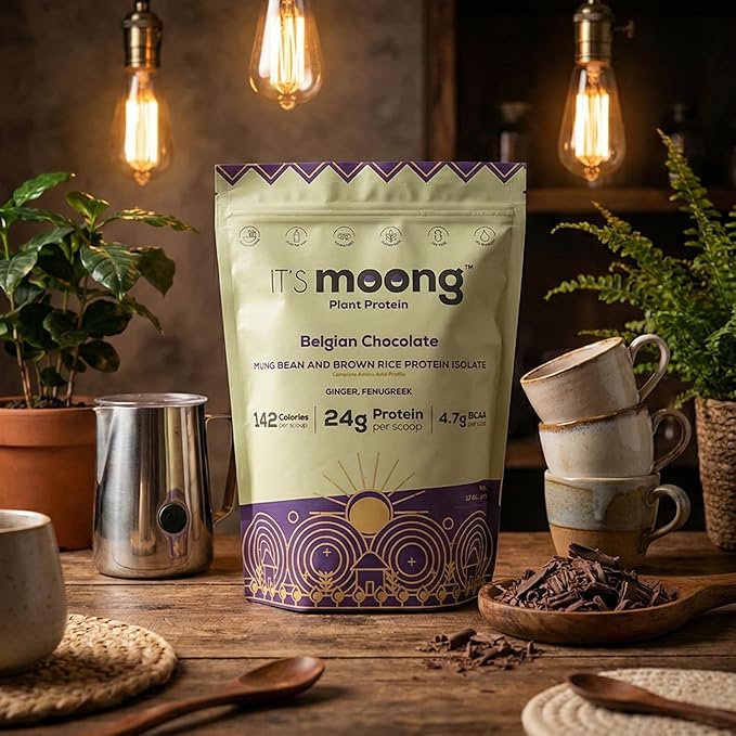 It’s Moong Plant Protein Powder Belgian Chocolate | Mung Bean &amp Brown Rice Protein Isolate Ginger &amp Fenugreek 24g Protein &amp 4.7g BCAA | Vegan Gluten Free Dairy Free Sugar Free | 17.6