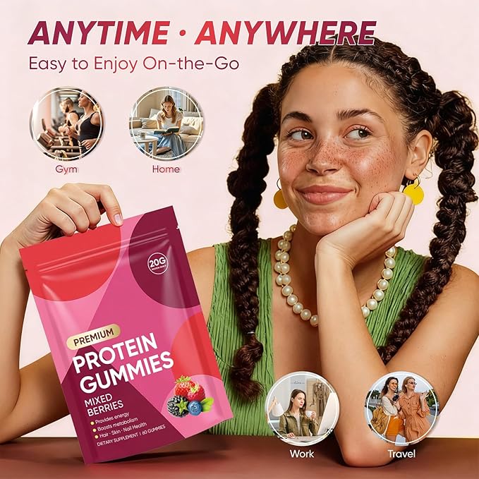 OAKA Protein Gummies 20g Protein per Serving Zero Sugar Mixed Berries Flavor Daily Protein Chews for Hair Skin &amp Nails 60 Gummies