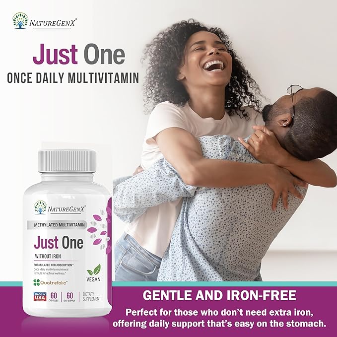 Just One Daily Methylated Multivitamin - 60 Caps Pure Methyl B12 Methylfolate MTHFR Support Supplement Iron Free Methylated Vitamins for Men &amp Women 2 Months Supply Gluten Free