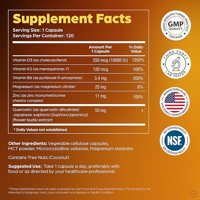 Sandhu's Vitamin D3 K2 10000 IU Bundle with Zinc Quercetin &amp Magnesium Glycinate Capsules (120 Count Each) | for Men &amp Women
