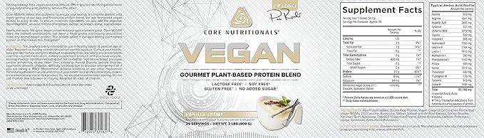 Core Nutritionals Vegan Gourmet Plant Based Protein Blend | with Vegan BCAAs | Lactose Soy Sugar &amp Gluten Free | 21g Pea Protein | 2 Pound (Vanilla Cream)
