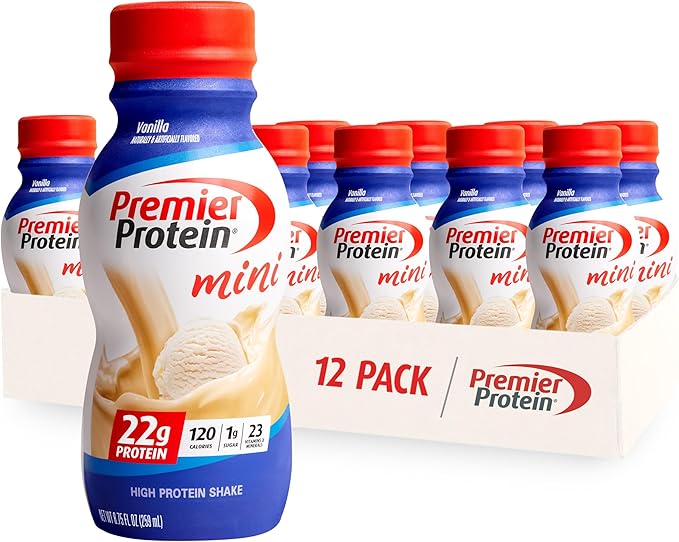 Premier Protein Shake MINIs Vanilla 22g Protein 120 Calories Pack of 12 &amp Strawberries Premier Protein Shake 30g Protein 160 Calories Pack of 12