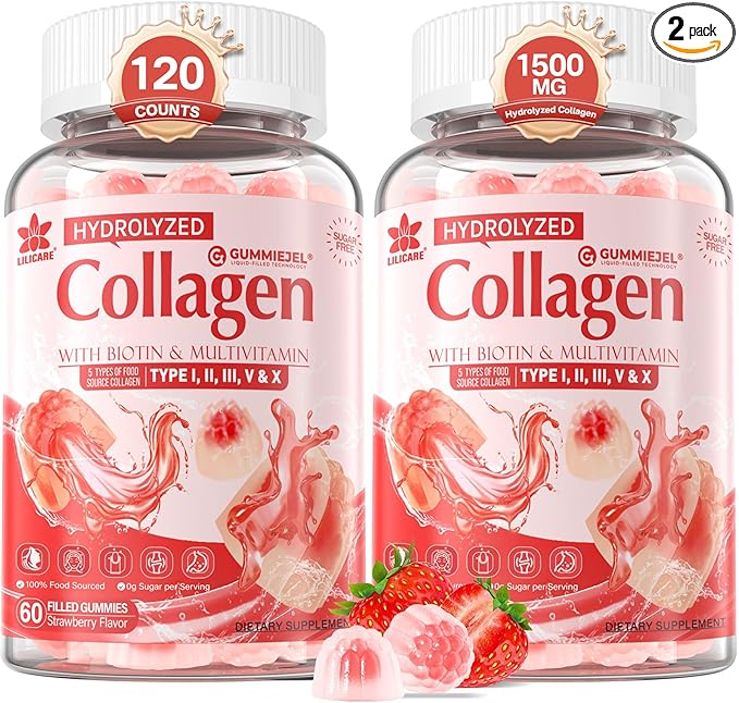 2Pack Sugar-Free Hydrolyzed Collagen Peptide Filled Gummies for Women &amp Men with 1500mg Protein Type IIIIIIVX 5000mcg Biotin Vitamin C A E D3 B6 B12 for Immune Digestion Skin Hair Nails Bon