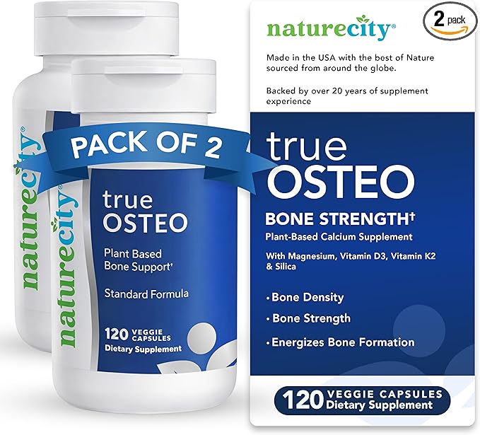 NatureCity True-Osteo Plant-Based Supplement for Bone Strength | AlgaeCal Calcium &amp Magnesium Plant-Based Vitamin D3 Vitamin K2 Silicon| Gentle on Stomach (240 Capsules)