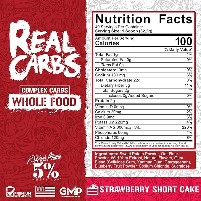5% Nutrition Rich Piana Real Carbs with Real Food Complex Carb Powder Long-Lasting Low Glycemic Energy for Pre-Workout/Post-Workout Recovery Meal 2.84 lb 40 Servings (Strawberry Shortcake)