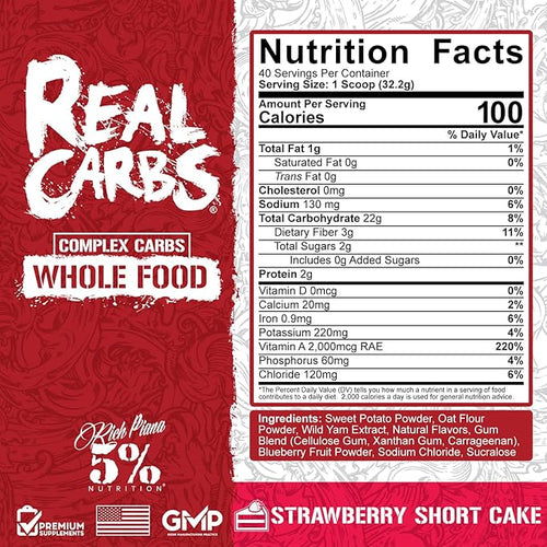 5% Nutrition Rich Piana Real Carbs with Real Food Complex Carb Powder Long-Lasting Low Glycemic Energy for Pre-Workout/Post-Workout Recovery Meal 2.84 lb 40 Servings (Strawberry Shortcake)