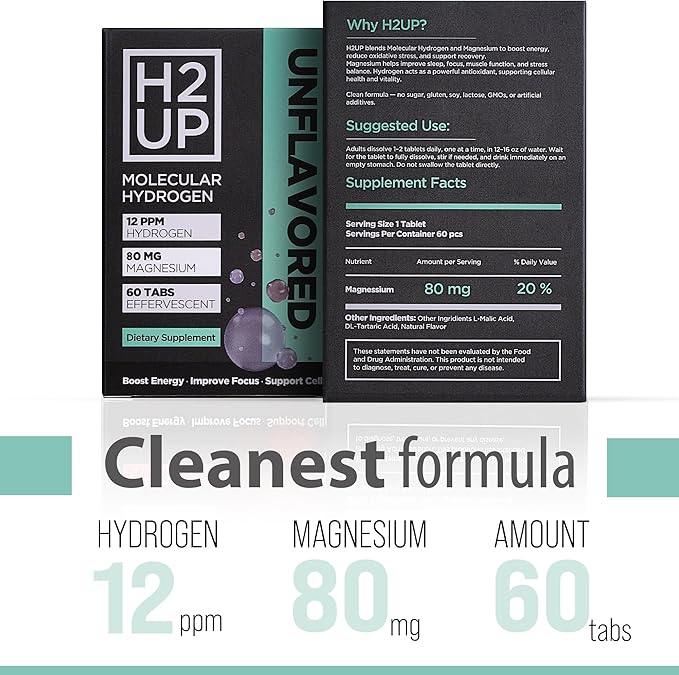 H2UP™ Sugar-Free Molecular Hydrogen Tablets – 60 Count – 12 PPM Hydrogen with Magnesium – Dissolvable Tablets for Clean Hydrogen-Infused Water