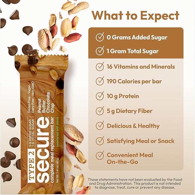 ANDREW LESSMAN Type 2 Secure Complete Meal Replacement Bars (Stevia) – Peanut Butter Chocolate Chip – 24 ct box – 10g Protein 0g Added Sugar 16 Essential Vitamins &amp Minerals Gluten-Free Vegan