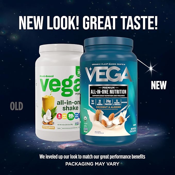 Vega All in One Nutrition Organic - 20g Plant-Based Pea Protein Coconut Almond 18 Servings Vitamins A &amp C Probiotics Greens Vegan Keto Gluten Free 24.3oz (Packaging May Vary)