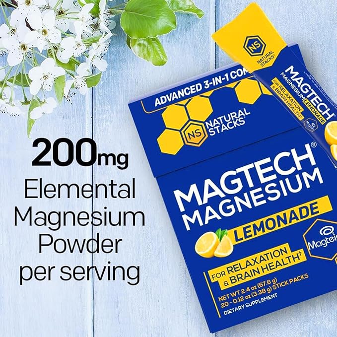 MagTech Magnesium Drink Mix - Sugar Free Lemonade - 3 Forms of Magnesium: Magtein L-Threonate Glycinate &amp Taurate - 200mg Chelated Magnesium Complex - Supports Relaxation &amp Brain Health - 20