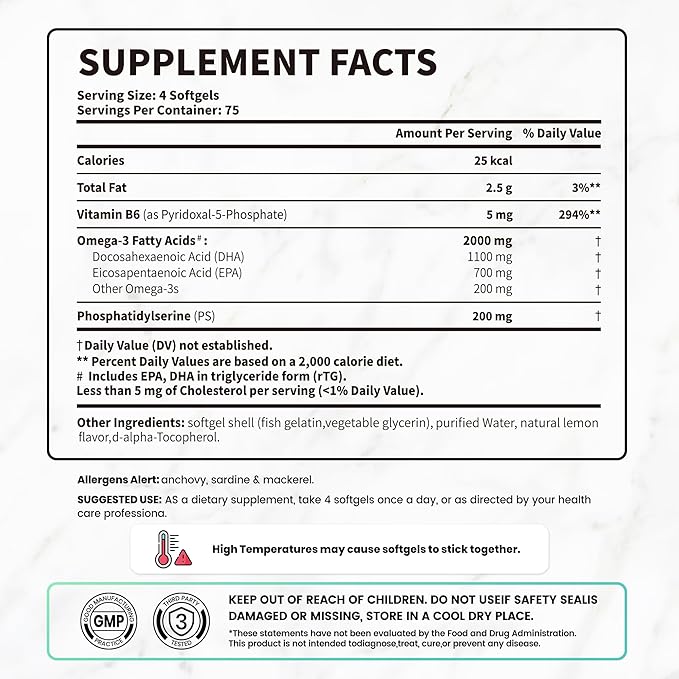 High DHA Omega 3 Fish Oil – 2000 mg Fish Oil Omega 3 Supplements Including 1100 mg DHA + 700 mg EPA – Supports Brain Health Focus Memory &amp Mood – Lemon Flavor 300 Softgels