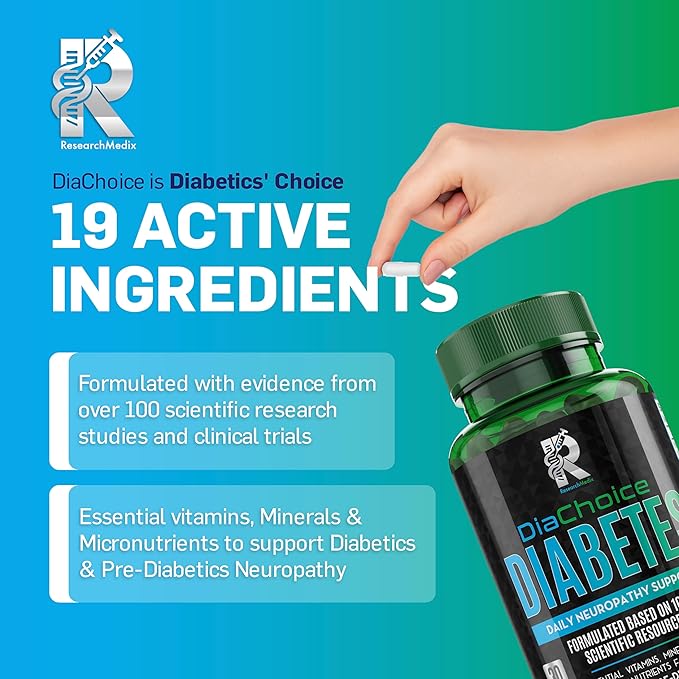 DiaChoice Neuropathy Support with Alpha Lipoic Acid 600 mg to Fortify Nerve Health &amp Support Healthy Nerve Function ALA Co Q10 Magnesium Zinc Vitamins B12 B9 B6 B3 B2 B1 D C E &amp