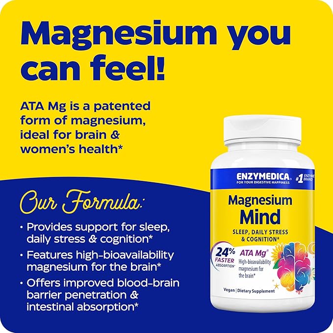 Enzymedica Magnesium Mind with ATA Mg 24% Faster Absorption High-Bioavailability Magnesium for Sleep Stress &amp Cognition 60 Count