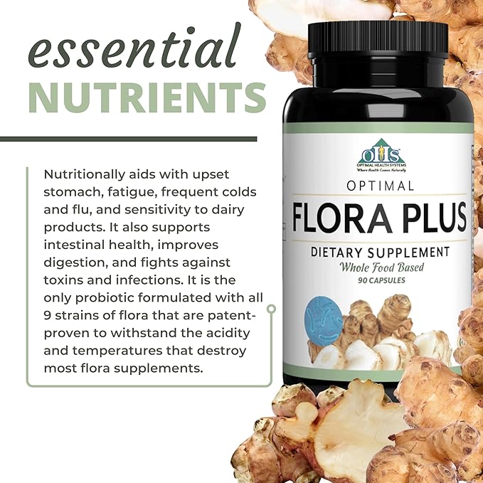 Optimal Health Systems Flora Plus | Ultimate Intestinal &amp Digestion Health | 9 Patented Probiotics + Artichoke + Opti-Blend System | 90 Capsules