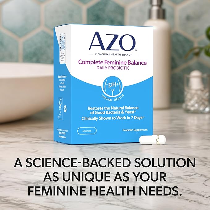 AZO Complete Feminine Balance Daily Vaginal Probiotics for Women Clinically Proven to Help Protect Vaginal Health Helps balance pH and yeast 60 Count