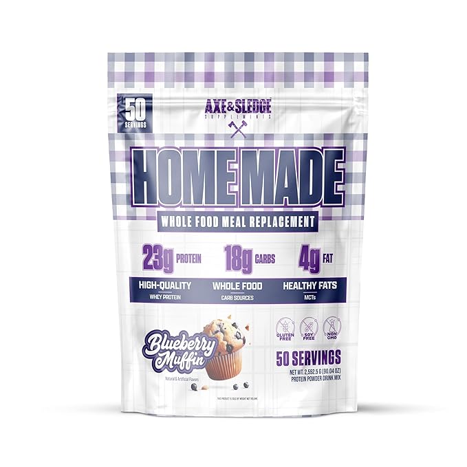 Axe &amp Sledge Home Made Whole-Foods-Based Meal Replacement Powder | 48g Protein | Digestive Enzymes &amp Fiber Non-GMO | Premium Ingredients | Protein Powder for Bulking | 25 Servings Blueberry