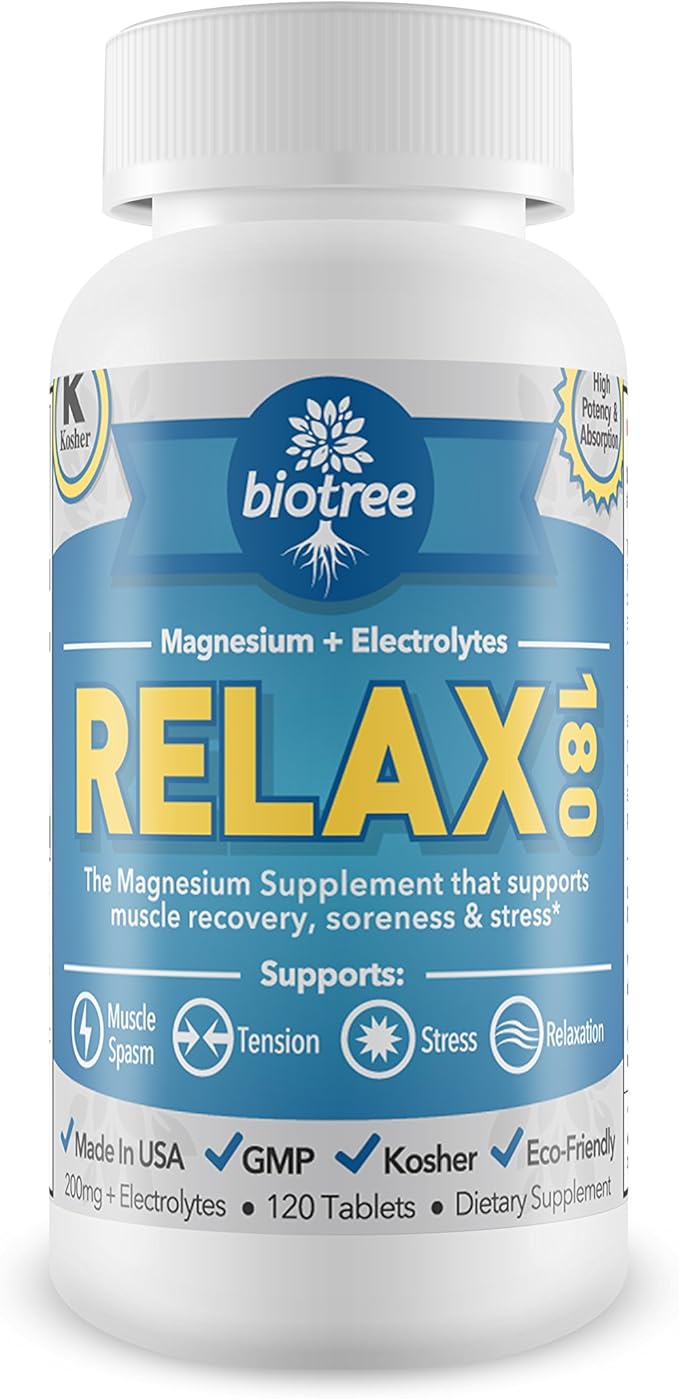 BioTree Labs Relax 180 - Pack of 3 x 120 Magnesium &amp Potassium Supplement with Electrolytes | 60 Days