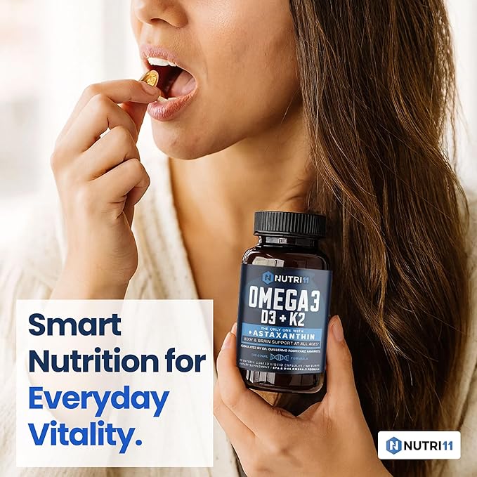 Nutri11 Omega-3 Fish Oil with Vitamin D3 K2 &amp Astaxanthin – Enteric Coated No Fishy Burps – Doctor Formulated – 60 Liquid Capsules