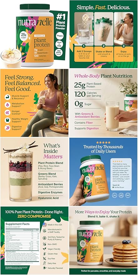 Nutranelle Vanilla Protein Powder - 25g Vegan Protein Powder with Greens - Unsweetened &amp Gluten Free Plant Based Protein - Gluten Free Nutrition Made in USA - Perfect for Smoothies Shakes &amp R