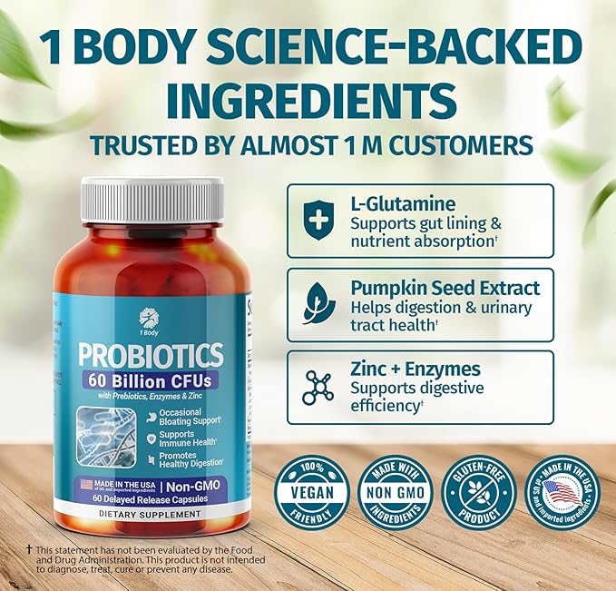 1 Body 60 Billion Probiotics for Men &amp Women Gut Health for Men &amp Women with Prebiotics Digestive Enzymes Zinc &amp L-Glutamin Non-GMO 60 Vegan Digestive Probiotic Capsules
