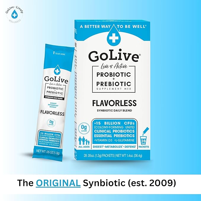 GoLive Prebiotic &amp Probiotic for Women Men Kids. Flavor-Free Sugar-Free Synbiotic Powder w/ GOS L-Glutamine Vitamin D3 Electrolytes. For Gut Health Digestion Metabolism Immunity 15-50B C