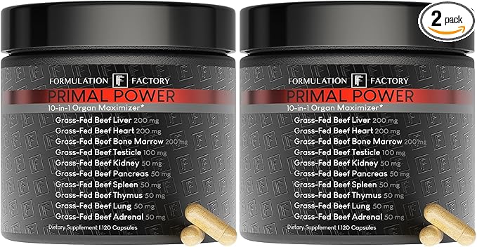 Formulation Factory Primal Power 10-in-1 Grass-Fed Organ Supplement with Beef Liver Heart Marrow Testicle Kidney Supports Vitality Hormones Energy Immunity (4 Month Supply 240 Capsules)