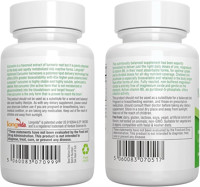 Longvida Curcumin 500mg + Neurobalance High Absorption Zinc Magnesium B6 Vegan Bundle Ultra Bioavailable Curcumin with Chelated Zinc Picolinate 24mg Oxide-Free Magnesium by Igennus