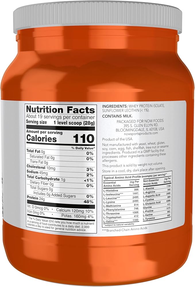 NOW Foods Sports Nutrition Whey Protein Isolate 25 g With BCAAs Unflavored Powder 1.2-Pound