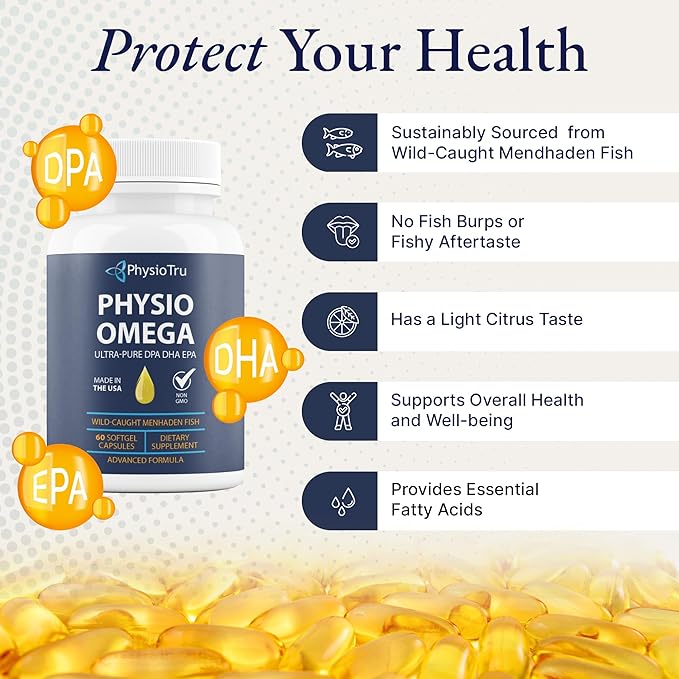 Physio Omega 2400mg Fish Oil with Omega 3 Fatty Acid Supplement - Vascular &amp Cognitive Supplements for Adults - Non-GMO Burpless Light Citrus Flavor Sustainably Sourced - 4 Packs 240 Softgels