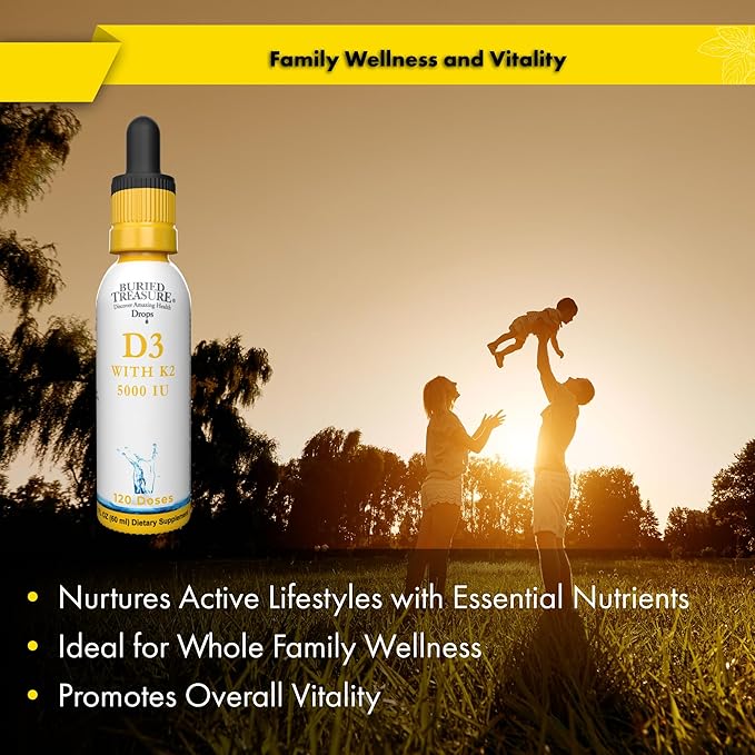 Buried Treasure Vitamin D3 &amp K2 Drops - 5000 IU D3 with 100 mcg K2 for Bone Heart &amp Immune Support Sugar Free 2 fl oz