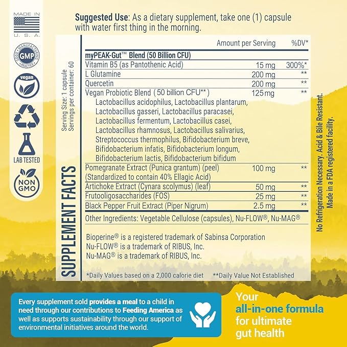myPEAK PeakBiotic: The Ultimate Vegan Synbiotic with 50 Billion CFU Probiotics Prebiotics Postbiotics Modbiotics and Gut Lining to Enhance Digestion Skin and Mood with 2-Month Supply 60 Capsules