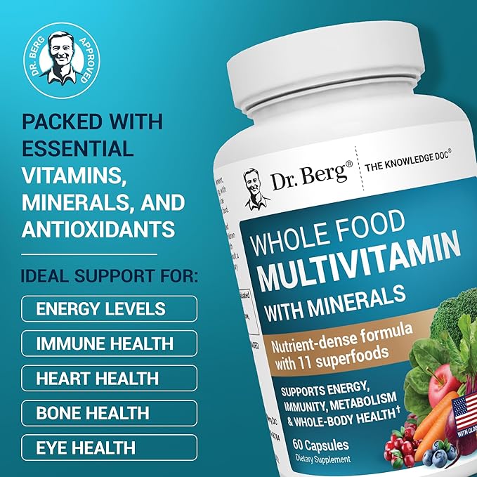 Dr. Berg Whole Food Multivitamin with Minerals - Daily Multivitamin for Men and Women - Includes Premium Whole Food Fruits and Vegetable Blend with Folate Alpha-lipoic Acid and More - 60 Capsules