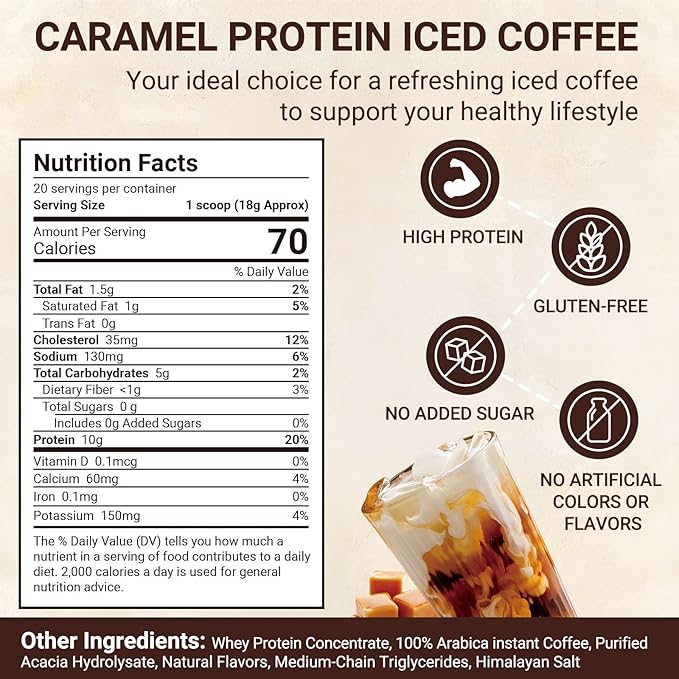 Protein Coffee Powder - Caramel Protein Iced Coffee 0g Sugar Keto Friendly 80 mg Caffeine Per Serving - 20 Servings