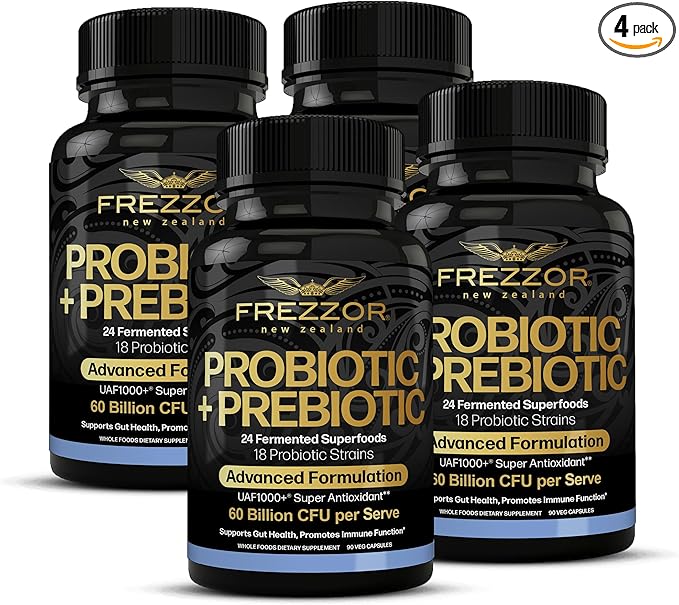 FREZZOR Probiotic + Prebiotic Capsules Once Daily 60 Billion CFUs Digestive Health for Men and Women 18 Strains Shelf Stable With Fermented Wholefoods Prebiotic &amp Fibre 360 caps 4 Month Su