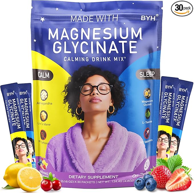 Calm Magnesium Powder Drink Mix - Magnesium Glycinate Ashwagandha Lions Mane Mushroom L-theanine Rhodiola Rosea Beetroot GABA Valerian Root - 30 Packets