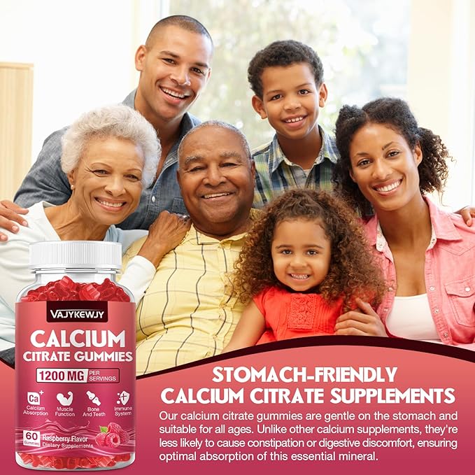Calcium Citrate Gummies 1200mg for Adults &amp Kids - Bone &amp Teeth Support Easy Absorption Delicious Raspberry Flavor - Non-GMO Gluten Free Vegan - 120 Count