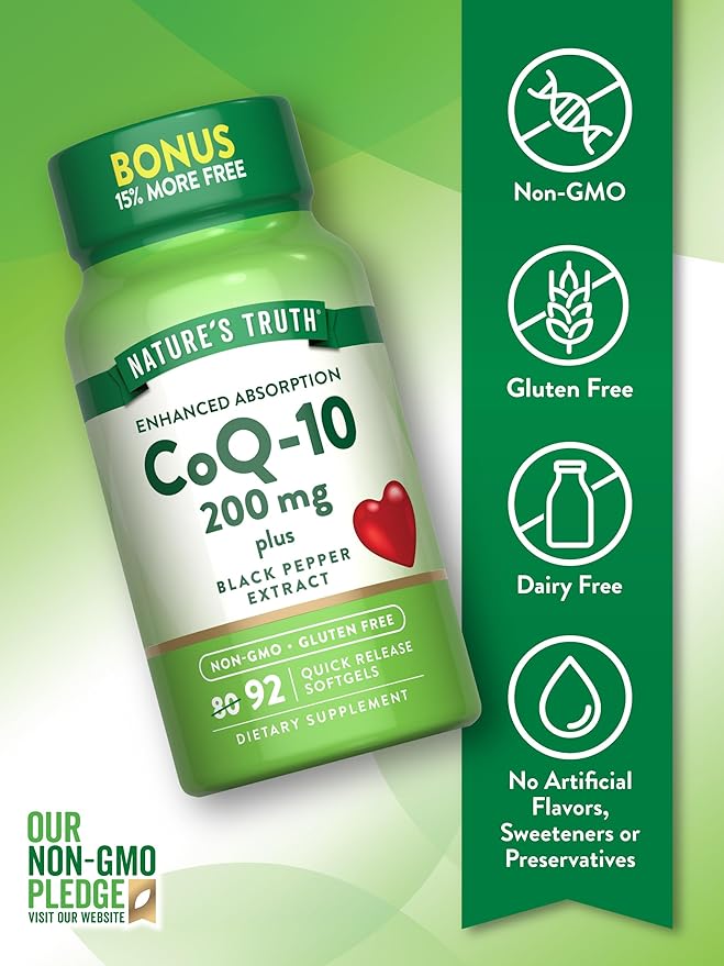 Nature's Truth CoQ10 200 mg Softgels | 92 Count | Enhanced Absorption | with Black Pepper Extract | Non-GMO &amp Gluten Free Supplement