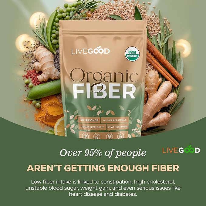 LIVEGOOD Organic Fiber Powder with Agave Inulin Psyllium Husk Pea Fiber 10 Plant-Based Sources for Digestion Detox Gut Support and Daily Wellness Organic Fiber Supplement (30 Servings)