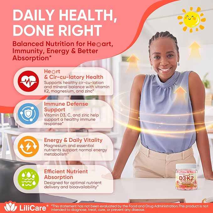 Vitamin D3 K2 Gummies 5000IU / 10000 IU with 500mg Calcium + K2(MK-7) 200mcg Magnesium Vitamin C &amp Zinc Extra Strength - Ultimate Absorbency for Bones Muscles Teeth Vegan 60 Count (Pack of